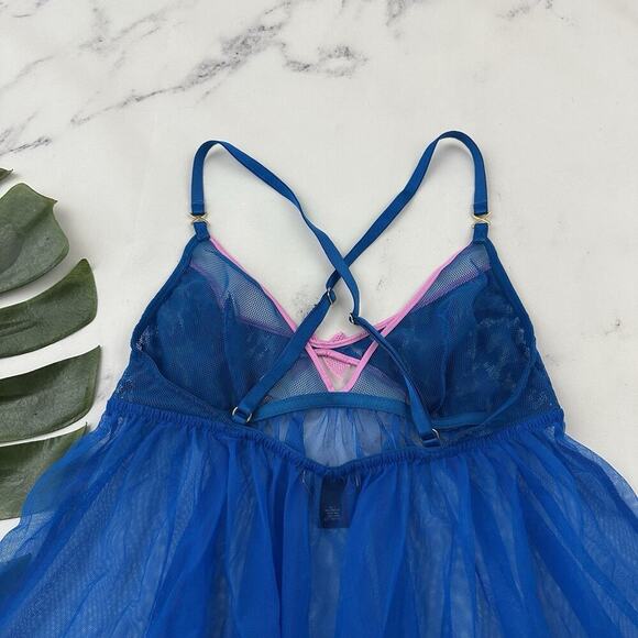 Victorias Secret Babydoll Negligee Top size M Blue Pink Lace Sheer Mesh - Picture 6 of 9